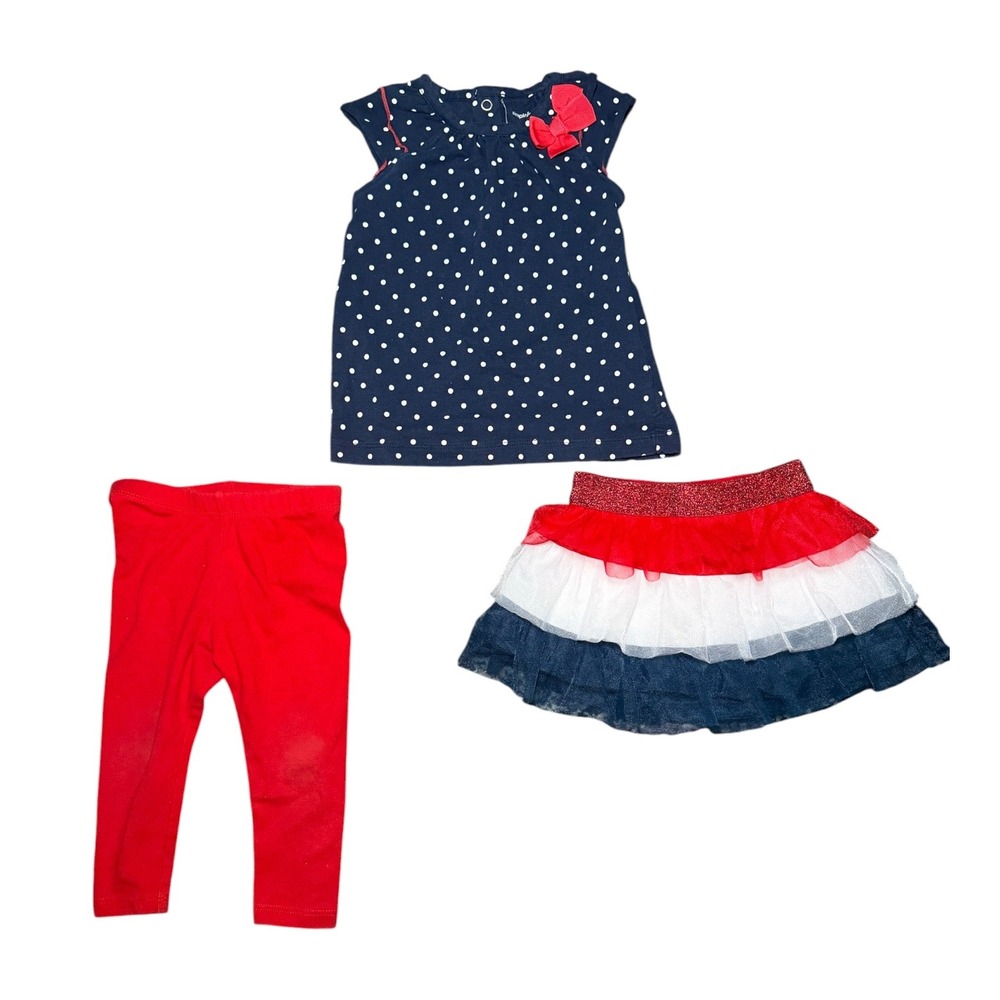 Baby Girl Outfit 3 Pc 12M Patriotic‎ Tutu Skort Polka Dot Top Red Leggings